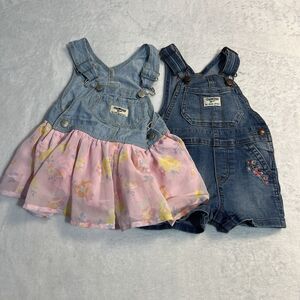 Osh Kosh B’Gosh Lot Of 2 Overalls Dress& Jean Shorts Size 12 Months Floral